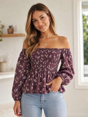 Madewell Mauve Floral Smocked Square-Neck Blouse
